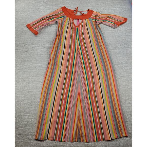 VTG Sears 70s Multicolor Striped House Coat Small Orange Robe Keyhole Back - Picture 16 of 16